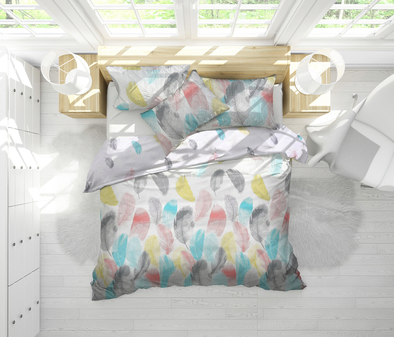 Set Alcam, Peacock, 2 perne microfibra 50x70 cm si pilota matlasata 200x220 cm - imagine 7